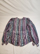 Vintage Eva Laurel Paris Metallic Striped Button Back Blouse Purple Teal Size 12 picture