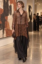 Peruvian Connection 100% Silk Sheer Geometric Print Button Shirt Brown L Italy picture
