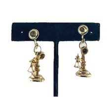 Vtg Old Time Candlestick Telephone Earrings Screw Back Dangle Drop Gold Tone picture