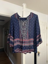 Lucky Brand Women's V-Neck Peasant Blouse L Geometric Embroidered 3/4 Bell picture