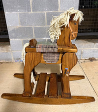 Vintage 1985 Wooden Rocking Horse Toy w/ Yarn Mane Tail Plaid Saddle 3-5 picture