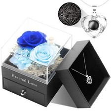 Preserved Eternal Real Rose Flower Gift Box With 14K Gold Plated Silver Necklace picture
