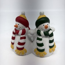 PARTYLITE  RETIRED P0476 CERAMIC SNOWMEN PILLAR CANDLE HOLDER picture
