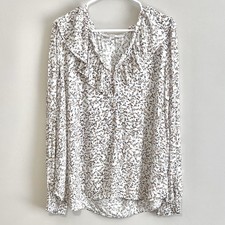 Loft Women's Ditsy Floral Print Ruffle Neck Long Sleeve Blouse White, Large picture