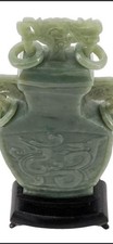 Antique Green Jade Chinese Vase Carved w/ Ring Handles on Wood Stand picture