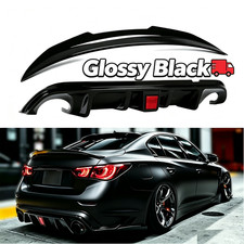 Glossy Black Fit 2014-2017 Infiniti Q50 Rear Bumper Diffuser & Rear Spoiler lip picture
