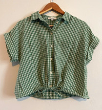 madewell green gingham woven cotton cropped button-up shirt size medium picture