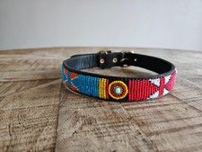 Blue Red Maasai Beaded Leather Dog Collar Handmade African Circle Pet Gift picture