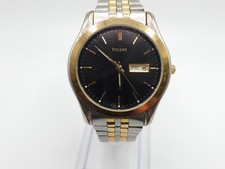 Vintage Pulsar Quartz Mens Watch New Battery Two-Tone Black Day/Date Dial 37mm picture