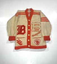 Vintage 1950s Chicago Letterman Cardigan Sweater Women Cream Orange Wool Patches picture