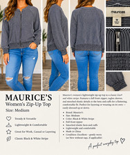 Maurices Black & White Striped Collared Zip Blouse Raglan Long Sleeve M picture