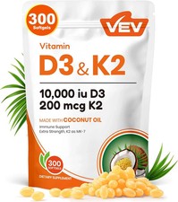 VEV Vitamin D3 Con K2 10000 IU, 300 Virgin Coconut Oil Softgels, 2 in 1 Vitamins picture