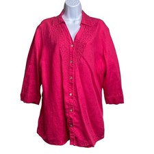 Chico's Women's Hot Pink Beaded Linen Button Up Shirt Size 2 Large Lagenlook picture