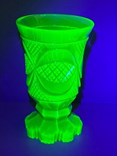 19th Antique Bohemian Biedermeier Goblet / Vase Green Uranium Vaseline Cut Glass picture