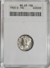 1940-D Mercury Dime In Old ANACS SOAPBOX MS63 FSB - Black Rim Toning  picture
