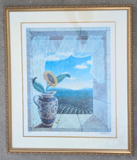 Dina Farris Appel Sunflower w Majolica Pitcher Lithograph 2005 with COA Framed picture