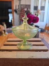 Fostoria Glass Co Rare Green Candy Dish With Lid Vintage Green Glass picture
