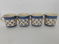 Vintage Poland Wiza Boleslawiec Pottery 4 Coffee Mugs 3 Petal Flower Orange Spot picture