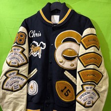 80s VTG Chain DeLONG Varsity Jacket 42 Navy Wool Leather Grant Chargers Baseball picture