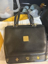 Vintage MCM Black Pebbled Leather Top Handle Satchel Gold Hardware Logo Bag picture