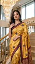Semi Modal Silk Ajrakh Print Saree Real Mirror Work  Indian Ethnic Sari Blouse picture