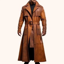 Men's Brown Long Duster Coat – Handmade Genuine Sheep Leather Winter Trench Coat picture