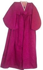 ⁠Vintage Hand Sewn Silk Korean Hanbok Jeogori Chima Dress Magenta Brocade Small⁠ picture