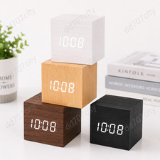Modern Wooden LED Alarm Clock Digital Time Temperature Display Desk Clock USB picture