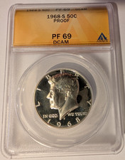 1968-S ANACS PF69 DCAM KENNEDY HALF **FLAWLESS BLACK & WHITE DEEP MIRROR CAMEO** picture