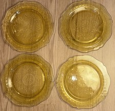 4 Vintage Amber Depression Glass Dinner Plates 11” Scalloped Floral Medallion picture