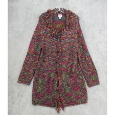 Chicos Sweater Womens 3 US XL Multicolor Fringe Trim Wool Blend Cardigan Duster picture