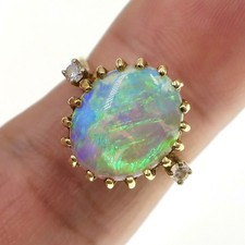 Fabulous Vintage 14k Solid Yellow Gold Natural Opal and Diamond Ring Size 6 picture