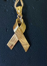 14k Yellow Gold Awareness Ribbon Pendant No Stone w/ Rope Chain Ball Closure picture