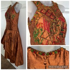 Stunning OOAK 1950s Raw Silk Hand Beaded Copper Bubble Evening Dress Tiered-Sz S picture
