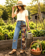 Patchwork Jeans Upcycled Handmade Sunflower Garden Patches Women's Size 16P picture