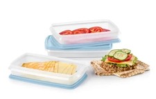 Tupperware Snack Stor Slim Container Set of 3 Light Blue or orange lids New picture