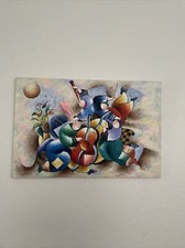 VTG Signed Abstract Art Painting On Canvas Musicians Playing Moonlight Concerto, picture