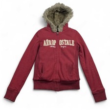 Aeropostale Fur Hooded Zip Up Sweatshirt Maroon Y2k Sz S picture