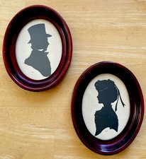 Vintage Woodcroftery Victorian Man & Woman Silhouette Cherry Wood Oval Frames picture