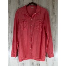 Symple NYC Linen Button Down Size Large Coral Pink Roll Tab Sleeve Side Vents picture