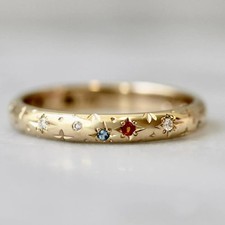 Personalized Celestial Birthstone Diamond Ring in 10k Gold, Star Engraved Band picture