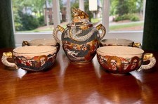 Antique Meiji Japanese Satsuma Dragon Immortals Tea Cups (5) & Sugar Bowl Signed picture
