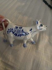 Vintage Delft Blue & White Holland Ceramic Cow Creamer Hand Painted Floral picture