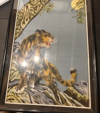 Framed Finished Needlepoint Jaguar in Jungle Scene Needlework Artwork picture