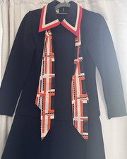 R & K Knits Navy Geometric Knit Long Sleeve Dress Scarf Tie Red White Orange  picture