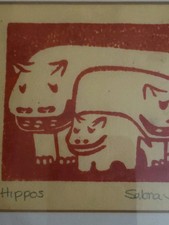 Rare Early Sabra Field Johnson Original Woodcut Print Hippos Signed 1960s Art picture