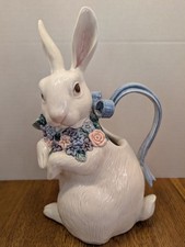 Fitz and Floyd Flora Ceramic Rabbit 1qt Pitcher 1993 Blue Bow Handle picture