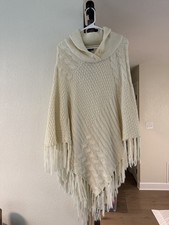 RXB Womens L Cream Cable Knit Poncho Sweater Fringe Cowl Neck Boho Ivory picture