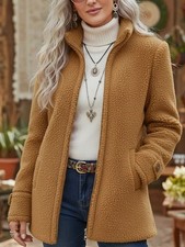 Fleece Zip-Up Jacket Women's Stand Collar Solid Color Loose Fit Casual Long Slee picture
