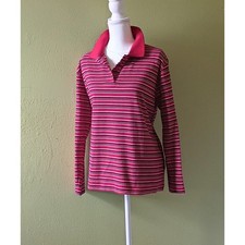 Preppy Collegiate Chic Womens Red Striped Long Sleeve Polo Shirt V-Neck  Large picture